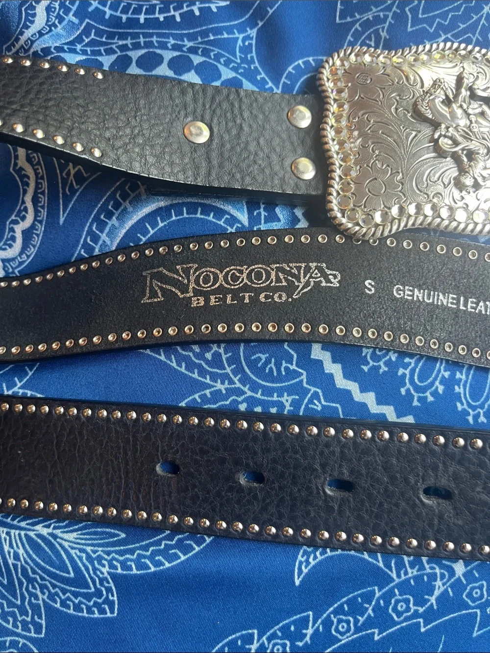 Nocona Black Leather Western Belt with Ornate Silver Rodeo Buckle sz S